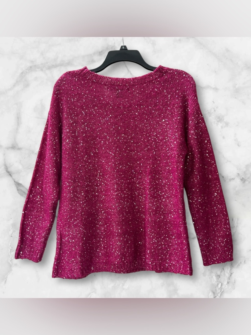 Sharagano Fuchsia Pink Sequin Knit Sweater Sparkly Crew Neck Size M - Picture 5 of 9